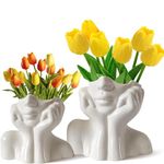 CEMABT Ceramic Woman Body Face Vase Set, Small Decorative Unique Modern Minimalism Nordic Flower Vase for Living Room Table Decoration, Small White Head Vase and Body Vase Female Form.(StyleC-Set)