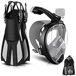 Odoland Snorkeling Package Set, Snorkeling Gear for Adults with Full Face Snorkel Mask, Adjustable Swim Fins, Mesh Bag, Anti-Fog Anti-Leak Scuba Gear for Men Women, Black, Large