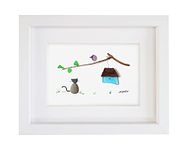 Cat Watching Bird - Unique Pebble Art & Sea Glass Picture - Framed, Unique, Handmade