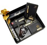 Tanvi Crafts Your Name Customized Mens Gift Hamper Set with Water Bottle, Passport Cover, Pen, Mens Wallet, Sunglasses Cover, Keychain, Mens Deodorant, Golden Rose and Mens Belt (Black)