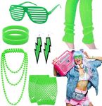 10 PCS 80s Accessories for Women, 80s Fancy Costume Accessories Set with Retro Neon Rosy Necklace Earring Glasses Bracelets Gloves Leg Warmers for Women and Girls(Green)