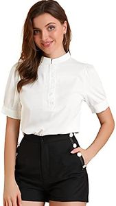 Allegra K Women's 2023 Work Office Top Puff Sleeve Half Placket Ruffled Shirt Blouses White Small