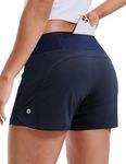 MIER Women's 2 in 1 Running Shorts Athletic High Waisted Workout Tennis Gym Shorts with Liner Zipper Pocket 3", Navy Blue, Medium