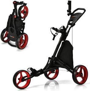 GYMAX Chariot de Golf à 3 Roues, Caddie de Golf Pliable Manuel, Poignée Réglable, Cadre Robuste en Aluminium, Tableau d'Affichage, Porte-Parapluie, Porte-Sac, Porte-Boisson (Rouge)