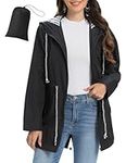 Vijamiy Women's Waterproof Jacket Lightweight Breathable Raincoat Adjustable Packable Long Rain Jacket Ladies Outdoor Running Windproof Plus Size Windbreaker with Hood(Black,M)