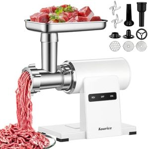 Kourice Electric Meat Grinder for Home Use, 2800W Peak Power, Heavy Duty Metal Body with Auto-Reverse, 2 Blades & 3 Grinding Plates, Sausage Stuffer & Kibbeh Kit, Easy Clean, White
