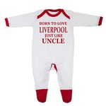 'Born To Love Liverpool Just Like Uncle' Baby Boy Girl Sleepsuit 100% Fine Combed Cotton (0-3 Months, White/Red Trim)