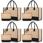 Chunful 4pcs Burlap Tote Bag with Handle Bulk Gift Bag for Women Wedding Canvas Beach Bag Jute Burlap Totes Bag Bridesmaid, Brown, Black, Large
