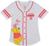 Disney Ladies Pooh Baseball Jersey - Vintage Winnie The Pooh Mesh Button Down Baseball Jersey - Winnie, Eeyore, Piglet Jersey, White, Small