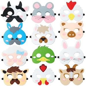 BLUE PANDA 12 Pack Felt Farm Animal Masks for Kids, Jungle Safari Party Favors for Birthday (7x7.2 in)