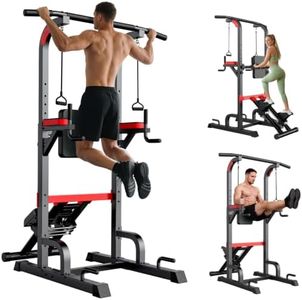 Power Tower Dip Station Pull Up Bar With Stair Stepper, Adjustable Height Dip Station with H-Frame, Multi-Grip Handles Power Tower, Backrest, Anti-Slip Foot Pads, Home Gym Strength Training Equipment
