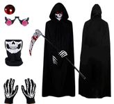 5PCS Grim Reaper Costume Kids and Adult - Halloween Skeleton Reaper Fancy Dress Set with Black Cloak, Skull Gloves - Scary Ghostface Cosplay Accessories for Halloween Party (For 100-130CM Kids)