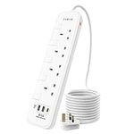 PARTH 5M Surge Protected Extension Lead with USB Slots - 5 metres Extra Long Cord Extension Plug - 1 Fast Charge USB C, 2 USB-A Port Extension Socket - 4 Way UK Power Extension with Switches