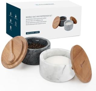 KITCHENDAO Marble Salt and Pepper Cellar Set with Magnetic Built-in Spoons, Marble Salt and Pepper Containers with Acacia Wood Lids & Spoons, Elegant Modern Countertop Spice Storage Set, 6 oz Each