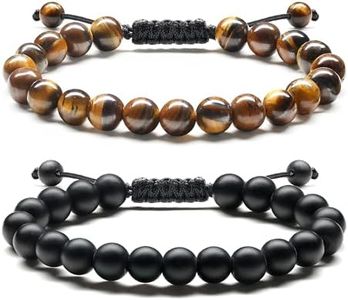 Adramata Pulsera Hombre Pulseras Piedras Naturales 8MM Pulsera Ojo de Tigre Piedra de Lava Pulseras de Piedra Hechas a Mano Pulseras de Cuentas Ajustables Pulseras Hombre Joyas Regalo para Hombre