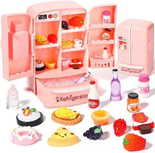 Dollhouse Refrigerator Mini Fridge Toy with Mini Food Set Dollhouse Kitchen Furniture Food Toys Dollhouse Miniatures Kitchen Decorations Bottles Fruits Desserts for Children (Lovely Style, 17 Pieces)