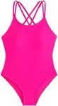 OYOANGLE Girl's Basic One Piece Swimsuit Criss Cross Spaghetti Strap Sports Training Bathing Suit Hot Pink 8 Years