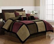 Chezmoi Collection 7 Pieces Brown, Burgundy, and Black Micro Suede Patchwork Comforter Set Bed-in-a-Bag California-Cal King Size