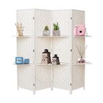 INMOZATA Room Divider with Shelves, 4 Panel Wicker Room Divider Free Standing, Folding Screens and Room Dividers Screen Privacy Panel for Office Bedroom Restaurant, 160 * 170cm (White)