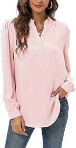 Famulily Womens Split V Neck Cap Sleeve Tops Frill Trim Elegant Work Office Blouse Shirts, #1 Pink, Large