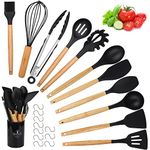 Kitchen Utensil Set, hicoosee 22 Pieces Silicone Cooking Utensils Set, Natural Wooden Handles Cooking Tool BPA Free Non Toxic Non Stick Heat Resistant Silicone Kitchen Gadgets Utensil Set, Black