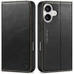 SHIELDON Case for iPhone 16 5G, Genuine Leather RFID Blocking iPhone 16 Credit Card Case Flip Wallet Magnetic Full Protection Kickstand Cover for Men Compatible with iPhone 16 6.1" 2024 - Retro Black