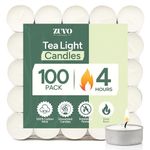 Zuvo 4-Hour Unscented Tea Light Candles (100-Pack) - Long-Lasting with Cotton Wicks, Clean Burning, 3.8 × 1.3 cm, White