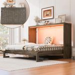 Queen Size Murphy Bed with LED Light,Foldable Wall Bed Cabinet, Hidden Hydraulic Lift,Wood Slat Support,Space Saving for Small Rooms,Dorms,Home Office, Easy Assembly (Brown, Queen Size)