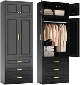 Polup Metal Large Wardrobe Cabinet with Three Drawers, 86" Tall Armoire Closet with Hanging Rod, Clothing Storage Closet with Doors and Shelves for Bedroom, Black, Assemble Required