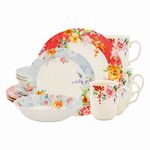 Tudor Royal 16-Piece Porcelain Round Dinnerware Set, Service for 4, Crimson Design, Summer Floral, Plates Bowls Mugs Dishes, Glossy, Premium Quality Tableware, Unique Pattern