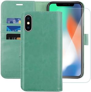 MONASAY Wallet Case Compatible for iPhone X/iPhone Xs, 5.8-inch, [Glass Screen Protector Included] [RFID Blocking] Flip Folio Leather Cell Phone Cover with Credit Card Holder,Mint