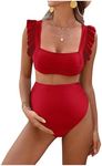 OYOANGLE Women's 2 Piece Maternity Bikini Sets Square Neck High Waist Swimsuit Summer Casual Bathing Suit Red Small