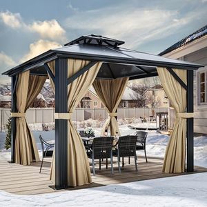 YITAHOME 12x12FT Gazebo Hard-Top Double Roof Canopy Outdoor with Netting and Shaded Curtains, Aluminum Frame Polycarbonate Hardtop Garden Tent for Patio, Backyard, Deck and Lawns, Brown