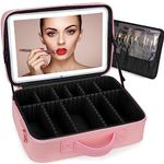 【Plus Size】Travel Makeup Bag with Large Lighted Mirror, Makeup Cosmetic Train Case with Detachable Mirror and Light Waterproof Artist Organizer with Adjustable Dividers Gift for Women (Pink)