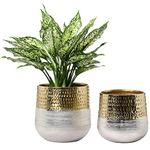 MyGift Round Two-Toned Indoor Planter Pot, Hammered Brass and Milled Embossed Silver Tone Metal Planter Vase, Set of 2 - Handcrafted in India