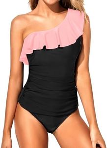 Yonique Women's Two Piece Swimsuits One Shoulder Tankini Tummy Control Bathing Suits Ruffle Swimwear Peach and Black L