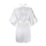 EPLAZA Women's One Size Silver Rhinestones Bride Bridesmaid Short Satin Robes for Wedding Party Getting Ready (White, Bride)