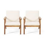 Christopher Knight Home Carlos Outdoor Acacia Wooden Club Chairs with Cushions (Set of 2), Brown Patina Finish, Cream