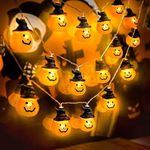 Chipark Halloween Pumpkin Lights with Witches Hat, 15 LED Pumpkin String Lights Battery Operated with 2 Modes Steady/Flashing Lights for Halloween Party Indoor Outdoor Decorations (Orange)