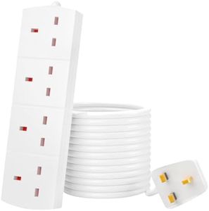 Extension Lead UK Pin Plug and Cable, 4 Gang Way Socket Outlets Power Strips (13 A) Surge Protection Plug with 1m Extension Cord for Multiple Appliances of Home,Office-White