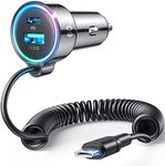 USB C Car Charger, 60W 3-Fast Port Super Fast Car Charger PD& QC3.0 with 5ft 30W Super Fast Type C Coiled Cable, Car Charger for Samsung Galaxy S24/23/Google Pixel/Moto/LG/Android, iPad Pro