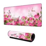 AOWULA Desk Mat,Spring Pink Rose Floral Butterfly Mouse Pad Large Gaming for Desk,Non-Slip Rubber Base Mousepad,31.5x15.7 Inch for Office Home Work & Game