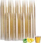 MATANA 150 Glitter Gold Plastic Shot Glasses 1oz - Clear Plastic Shot Cups for Party, Gold Shot Glasses, Wine Tasting Cups, Food Sample Cups, Perfect For Wedding, Birthday, Christmas Party & Events