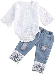 Geagodelia Ensemble pour Nouveau-né Bébé Fille Tenue 2pcs Été Chic en Dentelle Haut Barboteuse et Pantalon en Jean Tenue de Vêtements Fille Enfant 0-24 Mois (Blanc A, 3-6 Mois)