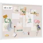 Emfogo Large Bulletin Board 48x36 inch with Linen Cork Boards Wall Decor Hanging Pin Wood Framed Display Bulletin Cork Photo Picture Board Light for Room School Office 30-Pushpin White