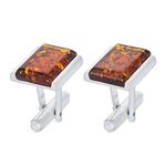 AMBEDORA Men's Silver Cufflinks Tinos with Amber, Modern Rectangular Shape, Polished Sterling Silver, Natural Amber in Cognac Colour