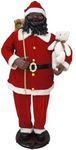 Fraser Hill Farm Life Size 58-in. Dancing African American Santa Animatronic with Gift Sack and Teddy Bear, Indoor Animated Holiday Home Decor, Motion Activated Christmas Decoration with Music