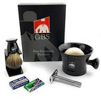 G.B.S Men's Shaving Set - Mug Butterfly 3" Long Safety Razor, Pure Shaving Brush, Drip Stand Brush Holder Natural Shave Soap Christmas Ideal Gift Choice Glossy Metal Non-Slip Handle