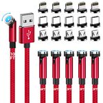 Ankndo Magnetic Charging Cable, 540° Rotating Phone Charger [6-Pack, 3ft/3ft/3ft/6ft/6ft/10ft] 3 in 1 Cable Nylon Braided USB for iPhone/Micro USB/Type C Device-Red