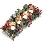 Belle Vous Christmas Tealight Candle Holder - 13 x 37cm / 5.12 x 14.57 Inches - 4 Glass Votive Candle Holders - Decorative Berry & Pine Cone Table Centrepiece for Home, Wedding or Xmas Decor